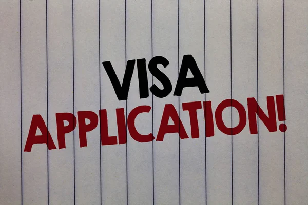 Handwriting text writing Visa Application. Concept meaning Form to ask permission travel or live in another country white vertical paper written three words with black and red color