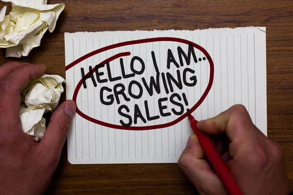 Text sign showing Hello I Am... Growing Sales. Conceptual photo Making more money Selling larger quantities Hand hold paper lob and red pen red circled black words on white paper