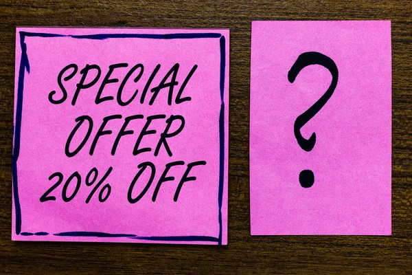 Text sign showing Special Offer 20 Off. Conceptual photo Discounts promotion Sales Retail Marketing Offer Violet color black lined sticky note with letters black question mark