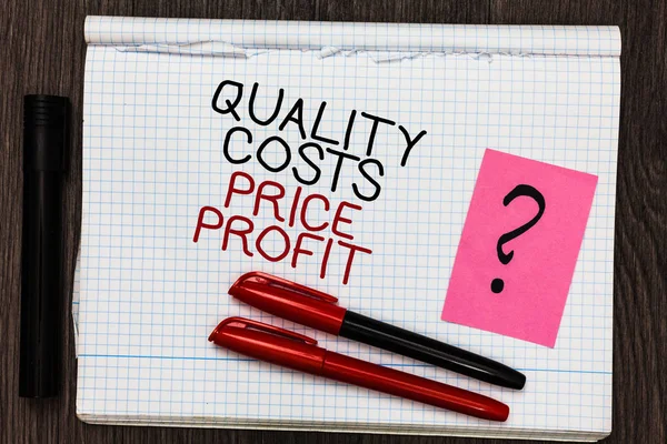 Word writing text Quality Costs Price Profit. Business concept for Balance between wothiness earnings value Color pen on written notepad with question mark black marker on woody deck