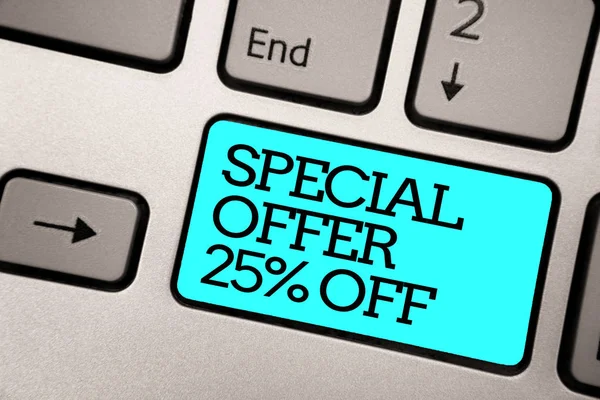 Text sign showing Special Offer 25 Off. Conceptual photo Discounts promotion Sales Retail Marketing Offer Silver grey computer keyboard with blue button black color written text