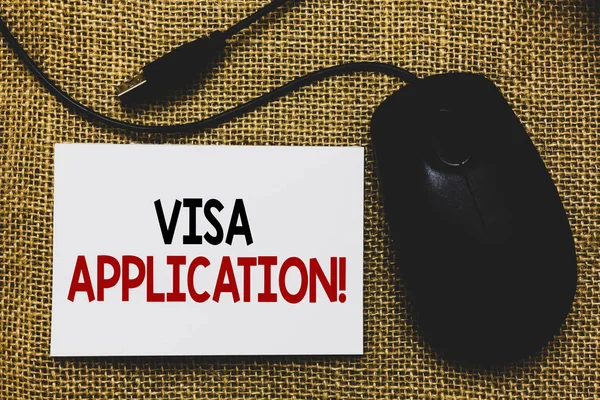Writing note showing Visa Application. Business photo showcasing Form to ask permission travel or live in another country Traditional mouse alongside white page with written words