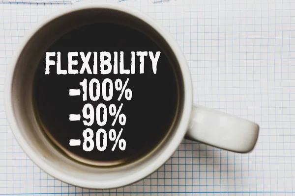 Writing note showing Flexibility 100 90 80. Business photo showcasing How much flexible you are maleability level Coffee mug with black coffee floating some white texts on white paper