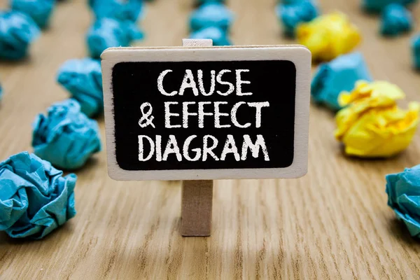 Text sign showing Cause and Effect Diagram. Conceptual photo Visualization tool to categorize potential causes Paperclip hold written chalkboard behind paper lumps on woody deck