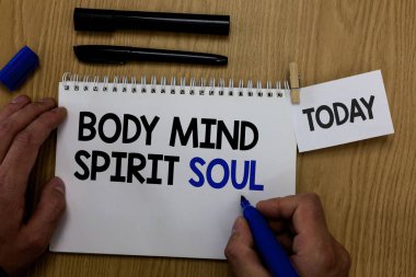 Word metin beden zihin ruh ruh yazma. İş kavramı kişisel denge terapi bilinç ruh hali el için kalem Not defteri kelime ataç kavrama Not kağıt odunsu temel siyah kalemle basılı tutun