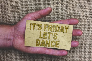Kavramsal el s gösterilen yazma Cuma izin s dans olmasıdır. Git parti Disco müzik kalın gri kağıt kelimeler insan eli Jüt çuval arka plan hafta sonu başlayan kutlayın vitrine iş fotoğraf