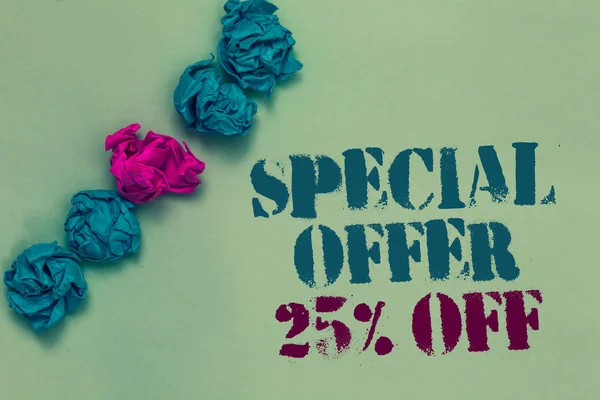 Writing note showing Special Offer 25 Off. Business photo showcasing Discounts promotion Sales Retail Marketing Offer Drawn blue and red words teal color paper lump mid pink on blue floor