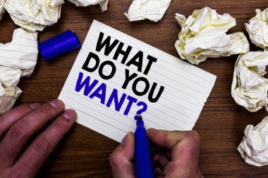 Ne istiyorsun soru gösterilen Not yazma. Söyle bana, arzuları istekleri talepleri hırs el holding marker yazmak kelime kağıt lob saçmak çevrede odunsu Resepsiyon vitrine iş fotoğraf