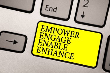 Word writing text Empower Engage Enable Enhance. Business concept for Empowerment Leadership Motivation Engagement Grey silvery keyboard with bright yellow color button black color texts clipart