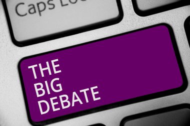 Word writing text The Big Debate. Business concept for Lecture Speech Congress presentation Arguments Differences Keyboard purple key Intention create computer computing reflection document clipart