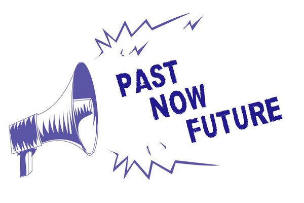 Word writing text Past Now Future. Business concept for Last time Present Following actions Destiny Memories Purple megaphone loudspeaker important message screaming speaking loud