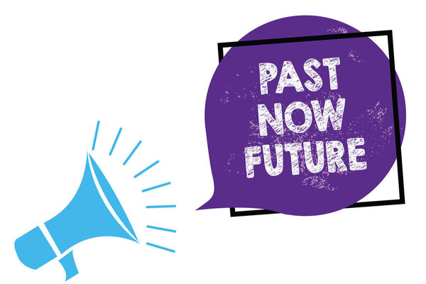 Conceptual hand writing showing Past Now Future. Business photo text Last time Present Following actions Destiny Memories Megaphone loudspeaker speaking loud screaming purple speech bubble