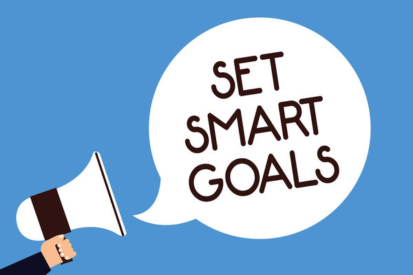 Writing note showing Set Smart Goals. Business photo showcasing Establish achievable objectives Make good business plans Man hold megaphone loudspeaker speech bubble screaming blue background