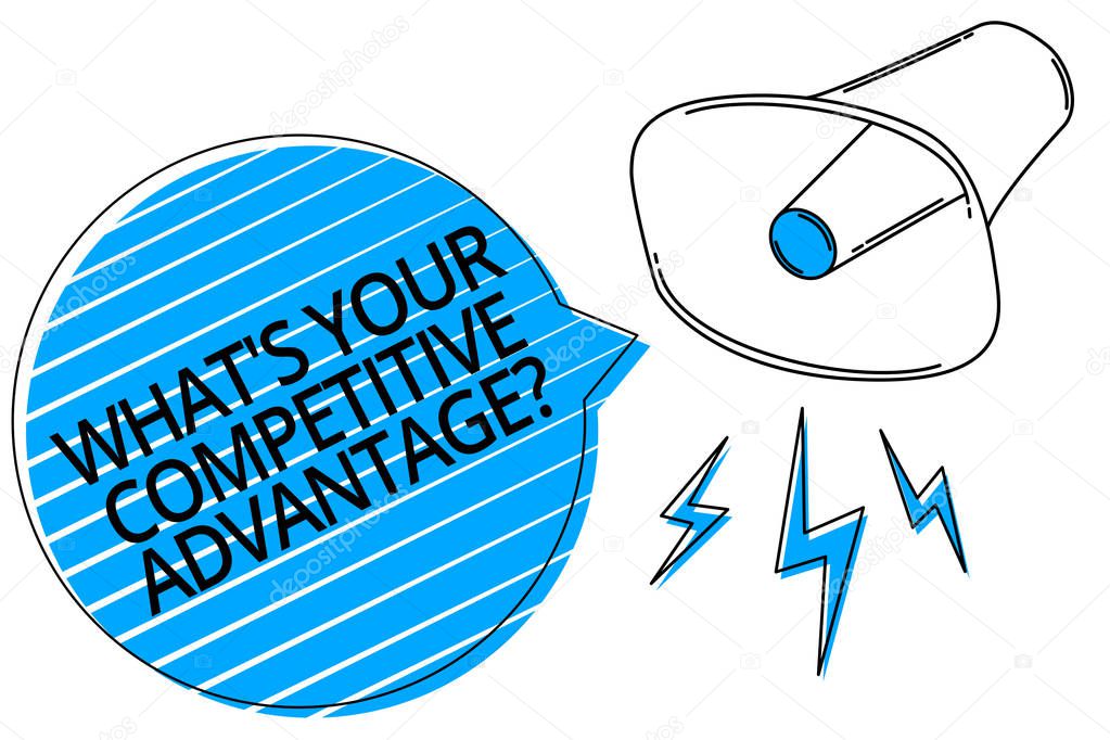 Word writing text What s is Your Competitive Advantage question. Business concept for Marketing strategy Plan Megaphone loudspeaker blue speech bubble stripes important loud message