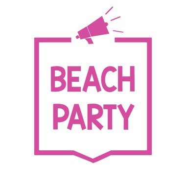 Kavramsal el Beach Party gösterilen yazma. Küçük ya da büyük festivali vitrine iş fotoğraf genellikle bikini megafon hoparlör pembe çerçeve bilgi iletişim giyen deniz kıyısında düzenlenen
