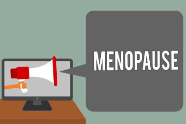 Writing note showing Menopause. Business photo showcasing Period of permanent cessation or end of menstruation cycle Man hold Megaphone loudspeaker computer screen talking speech bubble clipart