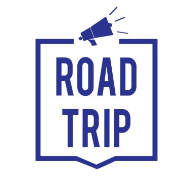 El yazısı metin Road Trip. Gezici yerler etrafında önemli bilgiler iletişim yok kesin veya tam hedef konumu megafon hoparlör mavi çerçeve ile anlam kavramı