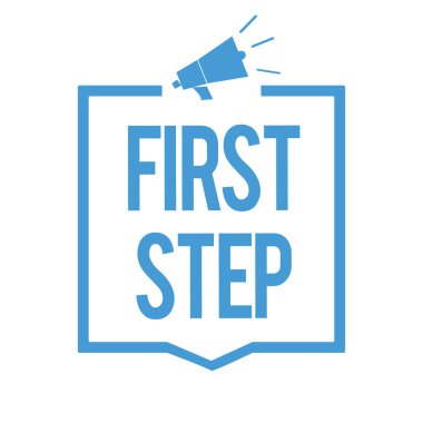 Word yazı metni ilk adım. Belirli bir işlem veya önemli bilgilerini iletme megafon hoparlör mavi çerçeve başlayan başlangıcına Pertaining için iş kavramı