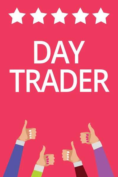 Word writing text Day Trader. Business concept for A person that buy and sell financial instrument within the day Men women hands thumbs up approval five stars information pink background