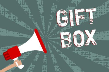 Word metin yazma hediye kutusu. İş kavramı ile tasarımlar işleme yeteneğine sahip küçük bir cointainer için önemli mesajlar megafon hoparlör grunge gri ışınları tutan adam sunar