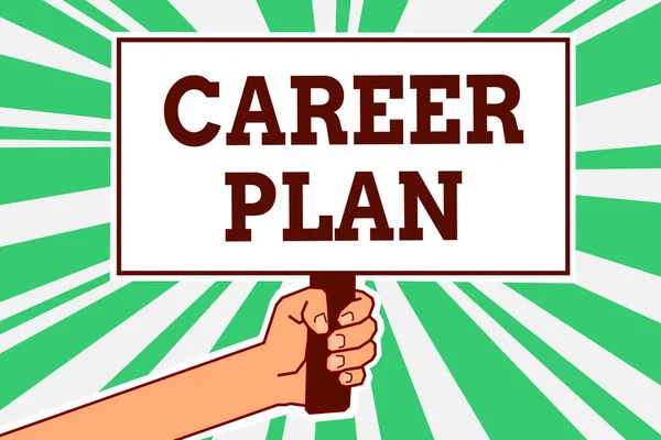 Writing note showing Career Plan. Business photo showcasing ongoing process where you Explore your interests and abilities Man hand holding poster important protest message green ray background