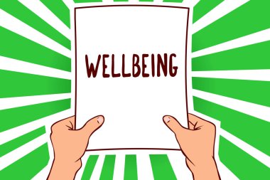 El yazısı metin refah. İyi ya da tatmin edici durum sağlık adam holding kağıt mesaj olağanüstü yeşil ışınları fikirleri aydınlatmak önemli dahil olmak üzere varlığının anlamı kavramı