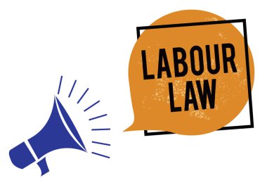 Word metin yazma iş hukuku. İş kavramı kuralları için işveren ve çalışan arasında devlet tarafından uygulanan yüksek sesle çığlık çerçeve turuncu konuşma balonu konuşan megafon hoparlör