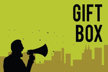 El yazısı metin hediye kutusu. Yeşil renkli megafon konuşan politikacı yapma söz tutan adam tasarımlar işleme kapasitesine sahip olan küçük bir cointainer anlam kavramı sunar