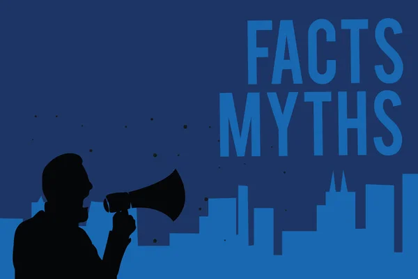 Handwriting text writing Facts Myths. Concept meaning work based on imagination rather than on real life difference Man holding megaphone speaking politician making promises blue background