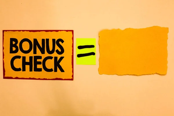 Writing Note Showing Bonus Check Business Photo Showcasing Something Addition — Stock Photo, Image