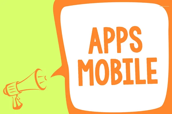 モバイル デスクトップ アプリケーションを示すテキスト記号 一方で携帯電話を実行する設計された概念的な写真コンピューター プログラム開催デバイス メガホン スピーカー音声バブルの重要なメッセージを話す大声 — ストック写真