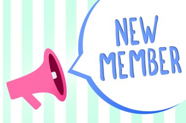 El yazısı metin yeni üye. Kavram anlamı işe çalışan şirket veya takıma Doğum taze çocuk megafon hoparlör çizgili arka plan önemli mesaj konuşma balonu