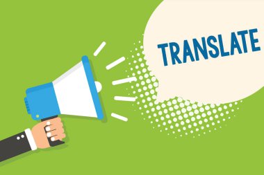 Translate gösterilen metin işareti. Kavramsal bir hedef dil adam aynı eşdeğer anlamı ile başka bir kelime fotoğraf megafon hoparlör konuşma balonu yeşil renkli yarı ton holding