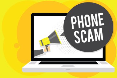 Kavramsal el telefon aldatmaca gösterilen yazma. Ürünlerini tanıtmak veya Telesales megafon bilgisayar ekranında konuşma balonu söz tutan adam hizmet için istenmeyen aramaları alma vitrine iş fotoğraf