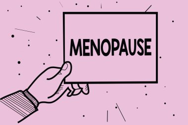 Word writing text Menopause. Business concept for Period of permanent cessation or end of menstruation cycle Man hand holding paper communicating information dotted purple background clipart