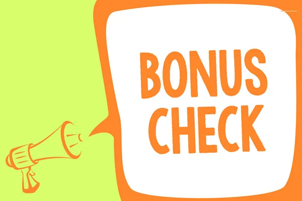 Signo Texto Que Muestra Bonus Check Foto Conceptual Algo Además — Foto de Stock