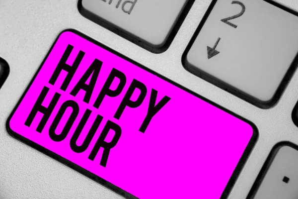Text sign showing Happy Hour. Conceptual photo Spending time for activities that makes you relax for a while Keyboard purple key Intention create computer computing reflection document