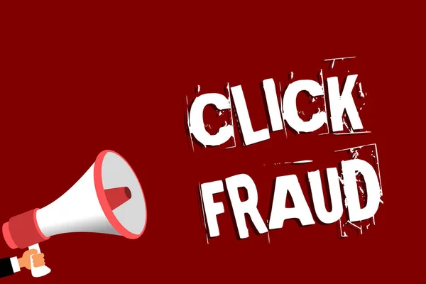 Handwriting text Click Fraud. Concept meaning practice of repeatedly clicking on advertisement hosted website Man holding megaphone loudspeaker red background message speaking loud
