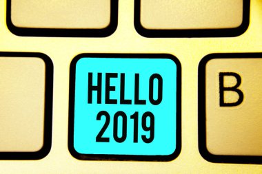 Kavramsal el Merhaba 2019 gösterilen yazma. Başına gelecek yeni yıl için klavye anahtar bilgisayar yansıma belge mavi Hoping bir büyüklük vitrine iş fotoğraf