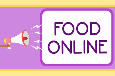 Kavramsal el gösterilen Gıda Online yazma. Telefon app kullanarak yiyecek birşeyler soran vitrine iş fotoğraf veya Web sitesi adam elinde megafon konuşma balonu mesajı yüksek sesle konuşan
