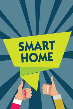 Akıllı ev yazma el yazısı metin. İklim eğlence sistemleri adam kadın el başparmak yukarıya onay konuşma balonu origami ışınları arka plan aydınlatma otomasyon sistemi kontrolü anlam kavramı
