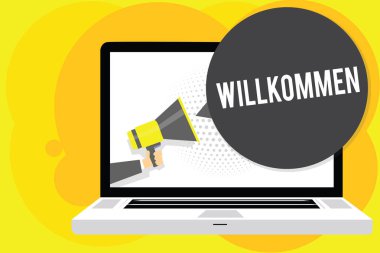 Kavramsal el willkommen gösterilen yazma. Konuksever insanlar olay veya ev bu yönde bir şey megafon bilgisayar ekranında konuşma balonu söz tutan adam vitrine iş fotoğraf