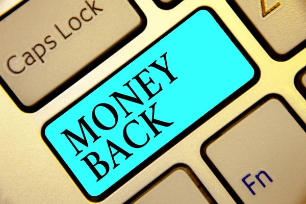 Escribiendo Nota Mostrando Money Back Exhibición Fotos Negocios Obtener Que — Foto de Stock