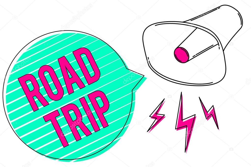 Conceptual hand writing showing Road Trip. Business photo showcasing Roaming around places with no definite or exact target location Megaphone green speech bubble stripes important loud message