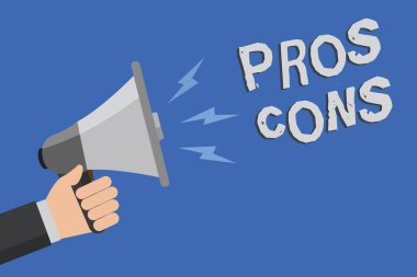 Word metin profesyoneller inşaat iş kavramı olumlu ve olumsuz faktörleri veya kişinin adam nedenlerden dolayı yazma megafon hoparlör mavi arka plan mesajı yüksek sesle konuşan holding