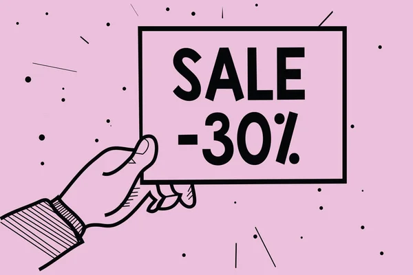 Word 文字销售30 商业概念的一个项目的促销价格在30 降价人手持有纸的信息点缀紫色背景 — 图库照片