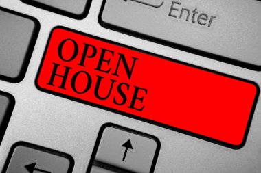 Writing note showing Open House. Business photo showcasing you can come whatever whenever want Make yourself at home Keyboard red key Intention computer computing reflection document clipart