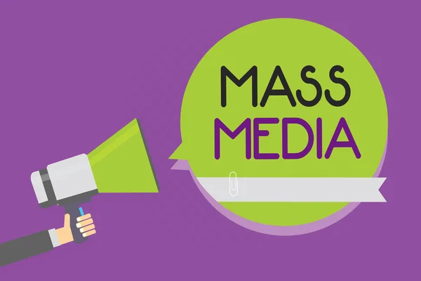 Text sign showing Mass Media. Conceptual photo Group people making news to the public of what is happening Man holding megaphone loudspeaker green speech bubble purple background