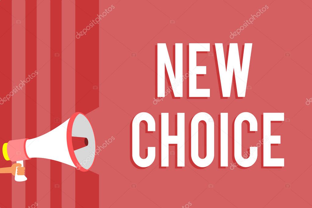 Word writing text New Choice. Business concept for having lot of options and adding another one to choose between Megaphone loudspeaker red stripes important message speaking out loud