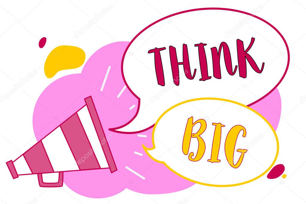 Word writing text Think Big. Business concept for To plan for something high value for ones self or for preparation Megaphone loudspeaker speech bubbles important message speaking out loud